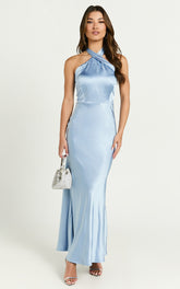 Rhianne Midi Dress - Twist Halter Neck Open Back Satin Dress in Light Blue