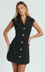 Janille Mini Dress - Button Through Dress in Black
