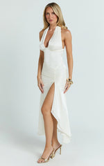 Carmela Midi Dress - Gather Bust and Shoulder Strap With Front Leg Split Dress in Off White