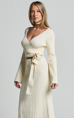 Andreia Midi Dress - Knitted Wrap Long Sleeve Dress in Cream