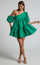 Harleen Mini Dress - Linen Asymmetrical Trim Puff Sleeve Dress in Green