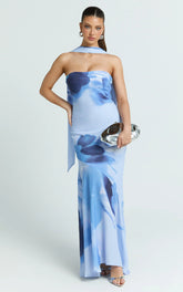 Angie Maxi Dress - Strapless Bias Column Dress with Scarf in Blue Print