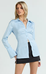 Natalie Top - Button Up Flared Sleeve Shirt in Light Blue