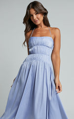 Callie Midi Dress - Satin Gathered Bust Detail Dress in Blue