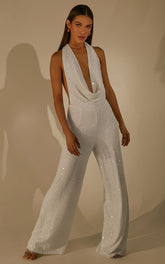 Julien Jumpsuit - Backless Wide Leg Cowl Neck Sequin Jumpsuit in White
