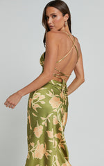 Aisling Midi Dress - Cowl Neck Satin Bias Midi Dress in Olive