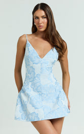Gianni Mini Dress - Plunge A Line Low Back Dress in Light Blue
