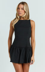 Izira Mini Dress - Boat Neck Drop Waist Shift Dress in Black