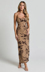 Lindsay Midi Dress - Ruched Chest Velvet Burnout Slip Dress in Brown Floral