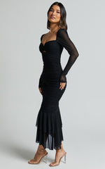 Arabella Midi Dress - Bust Detail Ruched Mesh Midi with Cut Out Detail in Black