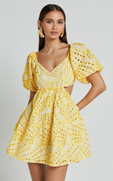 Sophia Mini Dress - Tie Back Puff Sleeve Dress in White and Yellow