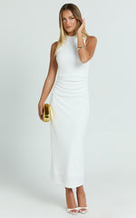 Pamela Midi Dress - High Neck Leg Split Dress in White