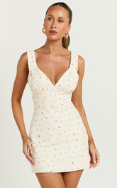 Amalea Mini Dress - Wide Strap Ruched Bust Dress in Lemon Floral