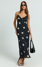 Analy Midi Dress - V Neck Mesh Dress in Black Polkadot
