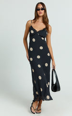 Analy Midi Dress - V Neck Mesh Dress in Black Polkadot