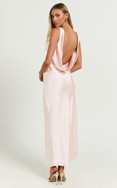 Brienne Midi Dress - Plunge Cowl Back Satin Dress in Soft Pink