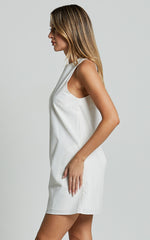 Elda Mini Dress - Linen High Neck Shift Dress in Off White