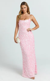 Clara Maxi Dress - Scoop Neck Tie Back Fitted Sequin Dress in Pink