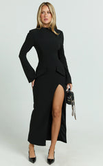 Finley Midi Dress - High Neck Long Sleeve Leg Split Bodycon Dress in Black