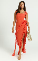 Palmer Maxi Dress - Ruffle Strap High Split Dress in Orange