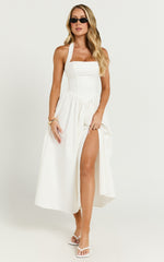 Helda Midi Dress - Halter Tie Neck Corset Panel Dress in Off White