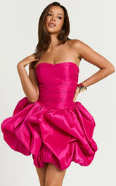 Deb Mini Dress - Ruched Strapless Bubble Hem Dress in Hot Pink