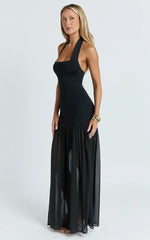 Barbara Maxi Dress - Halter Scoop Neck Contrast Georgette Dress in Black