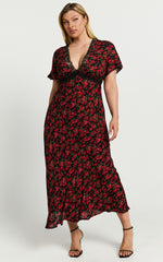 Vanya Midi Dress - V Neck Short Sleeve Lace Trim Tie Back Slip Dress in Black Floral