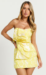 Amalie The Label - Frederika Strapless Ruffle Detail Jacquard Mini Dress in Yellow