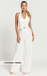 Linette Jumpsuit - Halter Neck Button Through Vest Tailored Wide Leg Jumpsuit in White