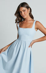 Khari Midi Dress - Linen Look Square A Line Dress in Blue