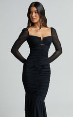 Arabella Midi Dress - Bust Detail Ruched Mesh Midi with Cut Out Detail in Black