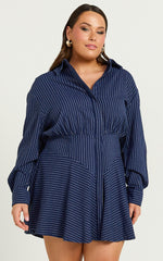 Whitney Mini Dress - Linen Long Sleeve Shirt Dress in Navy