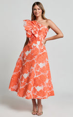 Alfreda Midi Dress - One Shoulder Ruffle Detail Brailey Jacquard Dress in Orange Jacquard