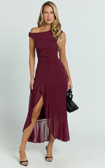 Judee Midi Dress - One Shoulder High Side Split Dress in Wine