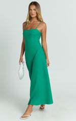 Brette Midi Dress - Linen Straight Neck Strappy Fit And Flare Dress in Green