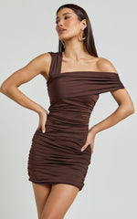 Meadow Mini Dress - Asymmetrical Off Shoulder Jersey Ruched Dress in Chocolate