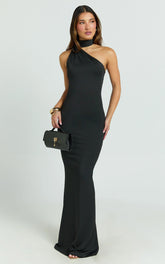 Seraphine Maxi Dress - Halter Neck Low Back Fit And Flare Dress in Black