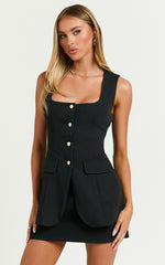 Phyllis Two Piece Set - Tailored Scoop Neck Vest Top and A Line Mini Skirt Set in Black