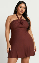 Louie Mini Dress - Linen Halter Neck Dress in Chocolate