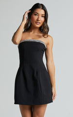 Arabella Mini Dress - Strapless Diamante Trim Structured Dress in Black