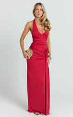 Dixie Maxi Dress - Plunge Halter Low Back Dress in Cherry