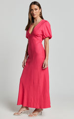 Celeste Midi Dress - Plunge Neck Short Puff Sleeve Linen Blend Dress in Berry