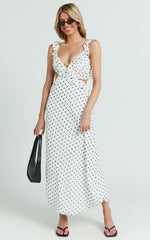 Dahlia Midi Dress - Ruffle Details Slip Dress in White Based Polkadot