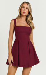 Ida Mini Dress - Wide Strap Straight Neck Bow Back Dress in Berry