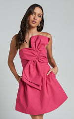 Chika Mini Dress - Linen Strapless Front Bow Dress in Peony Pink
