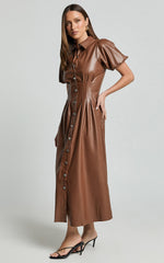 Ziva Midi Dress - Short Puff Sleeve Button Through Dress in Chocolate