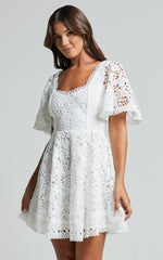 Marisole Mini Dress - A Line Flutter Sleeve Lace Dress in White