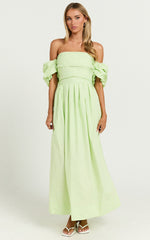 Annie Midi Dress - Off The Shoulder Ruffle Sleeve Pleated Dress in Lime