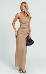 Jamie Midi Dress - Strapless Ruched Fitted Column Dress in Mocha